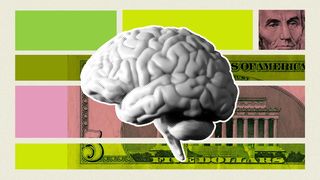 Illustration of brain with abstract shapes and money elements.